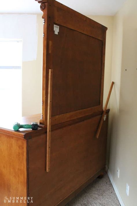 How to Make a Coffee Station Out of a Dresser Mirror - LZ Cathcart Old Dresser To Coffee Bar, Coffee Bar Out Of Dresser, Coffee Bar Made From Old Dresser, Dresser Coffee Bar Diy, Repurpose Dresser Mirror, Dresser Into Coffee Bar, Dresser Mirror Repurposed, Armoire Coffee Bar, Coffee Cabinet