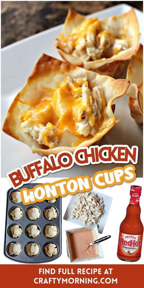 Buffalo Chicken Wonton Cups- easy wonton wrapper dinner meal ideas. Great for lunch or parties, appetizers. Party appetizers that everyone will love. Oven recipe. Buffalo Chicken Wonton Cups, Wonton Wrapper Recipes Appetizers, Chicken Wonton Cups, Wonton Appetizer Recipes, Dinner Meal Ideas, Buffalo Chicken Wontons, Wonton Wrapper Recipes, Chicken Wontons, Wonton Cups