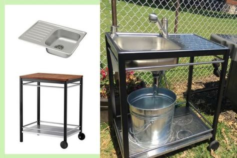 I have wanted an outdoor sink for a while, but didn't like the look of the bulky wooden frames with larger stainless steel sinks. I came across this IKEA.. Outdoor Sinks Diy, Sink Outdoor, Outdoor Garden Sink, Outdoor Serving Cart, Outside Sink, Ikea Sinks, Camping Sink, Outdoor Sink, Outdoor Kitchen Sink