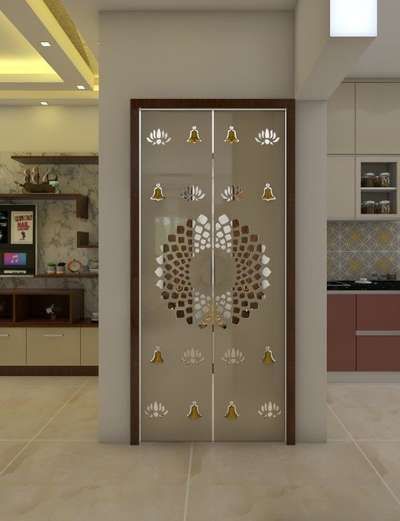 Designs by Interior Designer ACE Solution, Indore | Kolo Dev Ghar Door Design, Glass Door Designs For Pooja Room, Pooja Unit Designs With Door, Temple Glass Partition Design For Home, Glass Door Puja Room, Temple Design For Home With Door, Puja Room Door Design Cnc, Pooja Ghar Door Design, Mandir Doors Puja Room