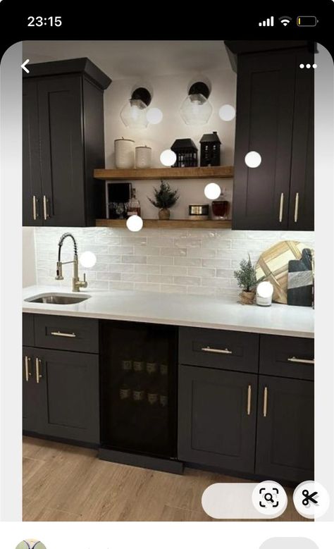 Wet Bar With Tile Backsplash, Gray Wet Bar Cabinets, Basement Bar Green Cabinets, Basement Bulkhead Makeover, Modern Small Bar Ideas For Home Basement, Basement Cabinet Colors, Black Kitchenette Ideas, Wet Bar Counter, Basement Remodel Wet Bar