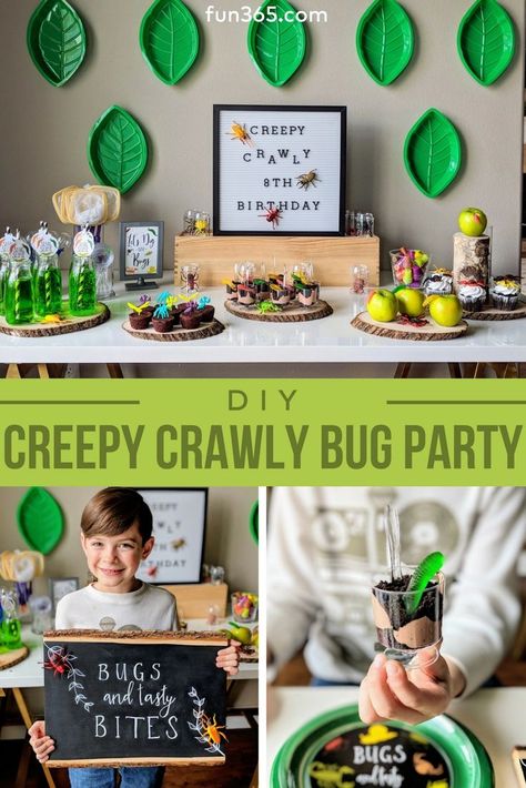 Creepy Crawly Bug Party for all insect enthusiasts! Fun party activities and ideas will keep little guests busy. Fun DIY Easy Birthday Party Ideas for Kids Party Inspiration For kids, toddlers, babies. Decor Ideas Grasshopper Birthday Party, Insects Party Ideas, Creepy Crawly Party, 2nd Birthday Bug Theme, Bug Bday Party, Bugging Out Birthday, Bugs Party Ideas, Bugs Theme Birthday Party, Buggin Out Birthday Party