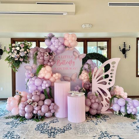 A little butterfly is on the way!✨🎀🦋 • • Entire set up done by us!✨ @crafty_wildflower_ #babygirl #babyshowerdecor #babyshower… | Instagram Butterfly Balloon Backdrop, Butterfly Theme 1st Birthday Party, A Little Butterfly Is On Her Way Theme, A Little Butterfly Is On Her Way, Butterfly Backdrop Ideas, Butterfly 1st Birthday Party Theme, Butterfly Themed Baby Shower Ideas, Butterfly Theme Baby Shower Ideas, Butterfly Theme Birthday Decoration