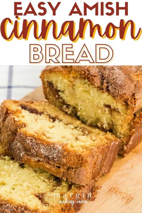 If you love Amish cinnamon bread but don't have time to feed a starter, you're going to love this easy recipe! It's a soft, tender quickbread with cinnamon swirl and a cinnamon sugar topping. Great as a coffee cake for breakfast or with whipped cream for dessert. Cinnamon Quick Bread Recipes With Sour Cream, Simple Breakfast Bread Recipes, Sweet Cinnamon Bread Machine, Bakery Style Amish Cinnamon Bread Recipe, Cinnamon Sugar Quick Bread, Cinnamon Crumb Bread, Easy Bread Recipes Loaf Pan, Flour And Sugar Recipes, Amish Cinnamon Swirl Bread