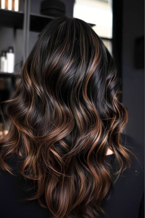 31 Gorgeous Dark Brown Hair Color Ideas To Try In 2024 - The Hairstyle Edit Black With Chestnut Highlights, Chocolate Brown Hair Caramel Balayage, Golden Hair Highlights On Black Hair, Golden Black Hair Color, Medium Dark Brown Hair With Money Piece, Dark Brown Hair With Chestnut Balayage, Chestnut Balayage On Dark Hair, Deep Brown With Caramel Highlights, Golden Highlights Black Hair