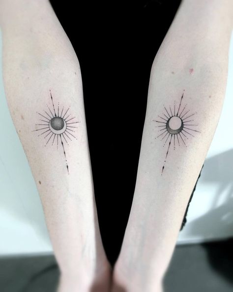 15 Stunning Sun and Moon Tattoo Ideas to Inspire Your Next Ink Sun And Moon Tattoo Geometric, Moon In The Sun Tattoo, Sun Moon Bff Tattoos, Moon To Sun Tattoo, Sun To Moon Tattoo, Moon And Sun Friend Tattoo, Couple Tattoo Sun And Moon, Sun Friendship Tattoo, Moon Sun Tattoo Couple