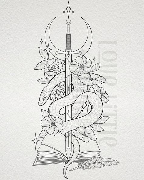 Snake With Swords Tattoo, From Blood And Ash Tattoo Ideas, Booktok Tattoos, Book Inspired Tattoos, Harry Tattoos, Bookish Tattoos, Small Girly Tattoos, Fantasy Tattoos, Cute Little Tattoos