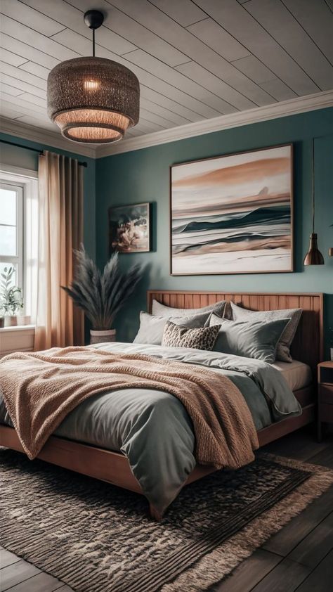 Earthy Teal Bedroom, Master Bedrooms Decor Ocean, Modern Ocean Bedroom, Bed Colors Ideas, Indigo Bedroom Ideas, Moody Coastal Bedroom, Rustic Beach Bedroom Ideas, Master Bedrooms Bedding, Bedroom Wall Ideas For Adults