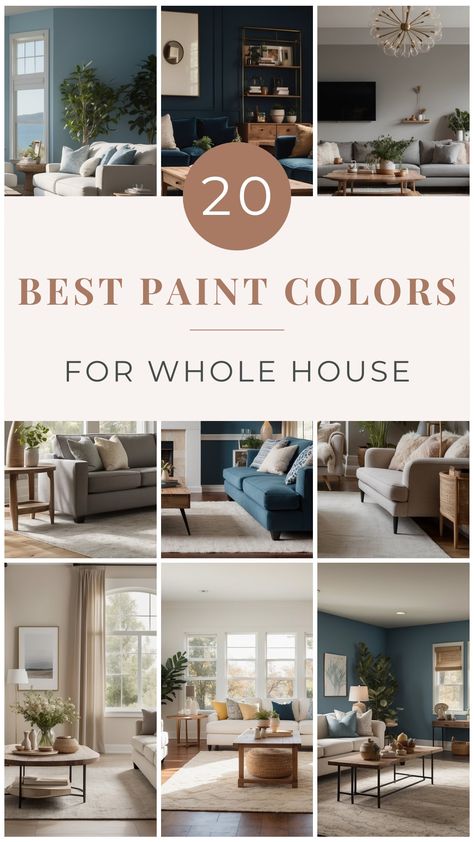 Choosing the perfect paint colors for your entire house can be a daunting task. With countless shades and hues available, finding ones that create a cohesive Classic Home Paint Colors, Popular House Paint Interior, New House Color Scheme, 2024 Whole House Paint Colors, Paint Color For Living Room Walls, New Home Color Scheme, Main Floor Paint Colors, Den Paint Colors, Whole House Paint Colors 2020