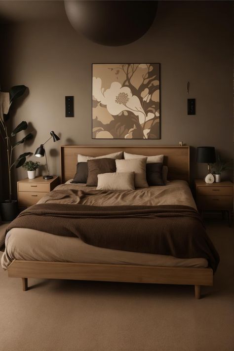 Light Brown Bedroom Ideas Cozy, Brown Beige Home Decor, Dark Neutral Master Bed, Beige Bedroom Dark Furniture, Rustic Brown Bedroom Ideas, Dark Beige Room, Dark Beige Bedroom, Dark Brown Room Aesthetic, Brown Room Ideas