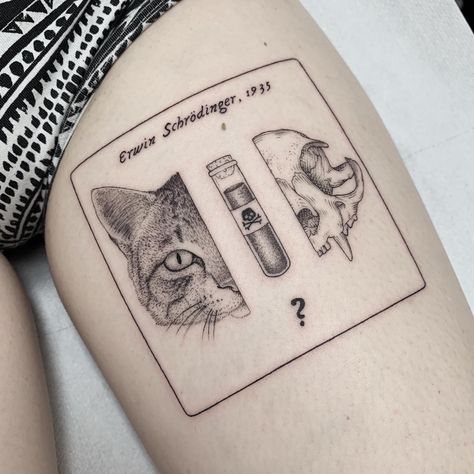 Schrodinger Cat Tattoo, Schrodingers Cat Tattoo, Physics Tattoos, Scientific Tattoo, Science Tattoo, Science Tattoos, Hp Tattoo, Schrödinger's Cat, Surreal Tattoo