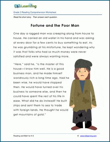 Fable for grade 3 students: "Fortune and the Beggar". Kid's fable, fiction, 450 words. Reading comprehension questions follow the historical short story. Free reading and math worksheets from K5 Learning. No login required. Comprehension For Grade 3 Student, Present Perfect Tense Exercises, Short Fables, 3rd Grade Reading Comprehension Worksheets, Reading Comprehension Grade 1, Short Stories To Read, Fable Stories, Very Short Stories, Free Short Stories