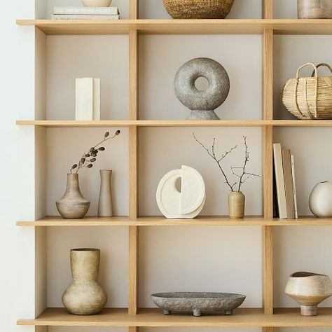 Earth Tones | West Elm Styled Floating Shelves, Living Room Shelf Styling, Ceramic Shelf, Form Studies, Office Styling, Ideas Decoracion, Shelving Accessories, Flatware Storage, Sculptural Object