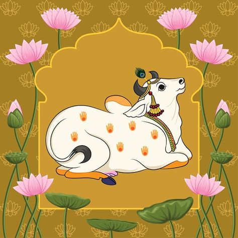 Cow And Lotus Pichwai, Radha Krishna Traditional Painting, Cow Fabric Painting, Indian Cow Illustration, Krishna Cow Painting, Cow Madhubani Painting, Indian Traditional Wall Murals, Cow And Lotus Painting, Traditional Wall Painting Indian