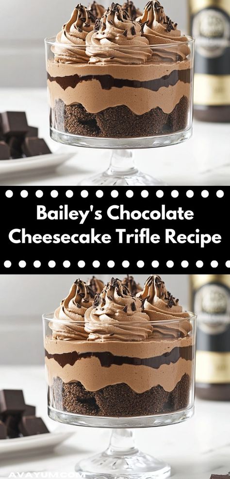 Discover the ultimate dessert for chocoholics! This Bailey's Chocolate Cheesecake Trifle offers a perfect balance of flavors, making it an irresistible choice for holiday gatherings or cozy family dinners alike. Chocolate Cheesecake Trifle, Baileys Chocolate Cheesecake, Unique Recipes Desserts, Baileys Cheesecake, Rich Cheesecake, Cheesecake Trifle, Trifle Dish, Trifle Desserts, Trifle Recipe