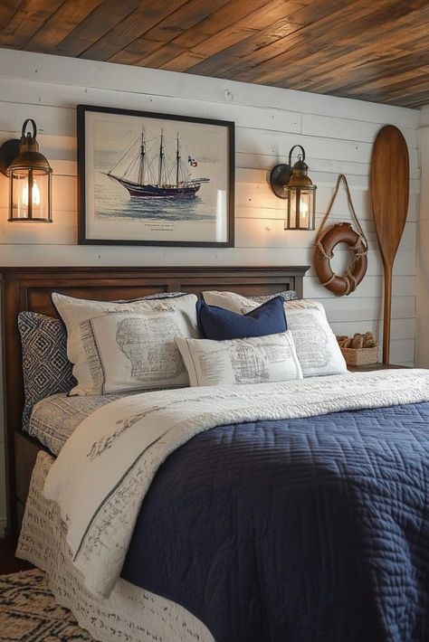 29 Coastal Farmhouse Decor Ideas for a Relaxed Vibe 3 Navy Cottage Bedroom, Navy Nautical Bedroom, Nautical Theme House, Room Ideas Aesthetic Coastal, Lake House Bedroom Ideas Guest Rooms, Masculine Coastal Decor, Lake Themed Bedroom, Lake House Vibes, Nautical Room Ideas