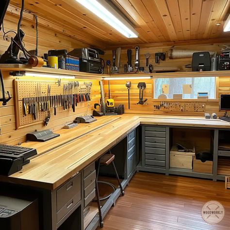 Woodwork Room Ideas, Basement Workbench Ideas, Small Basement Workshop, Work Bench Top Ideas, Basement Workshop Layout, Minimal Garage Design, L Shaped Work Bench, Workshop Storage Ideas Organisation, Small Workshop Design