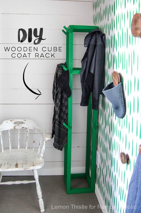 Remodelaholic | Easy DIY Wooden Cube Coat Rack for Just $10 Diy Coat Rack, Coat Rack Hooks, Hidden Shelf, Diy Coat, Wall Coat Rack, Build A Wall, Wooden Coat Rack, Hat Organization, Wooden Cubes