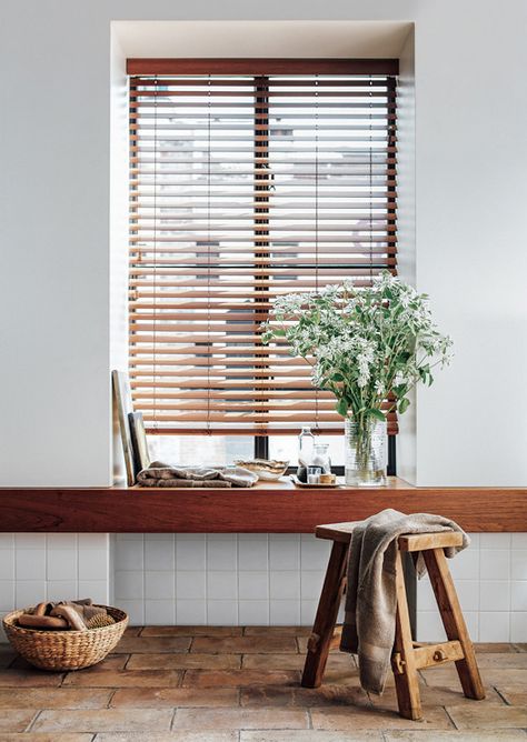 Faux Wood Blinds are gorgeous, durable, and resistant to mildew. Shown in 2" faux Teak. | The Shade Store Simple Window Treatments, Patio Blinds, The Shade Store, Modern Blinds, Living Room Blinds, Bedroom Blinds, Blinds Design, Diy Blinds, House Blinds