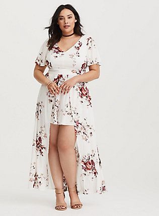 Plus Size Ivory Floral Romper with Maxi Skirt Overlay (Short Inseam Now Available), Look Plus Size, Plus Size Romper, Shorts Outfits, Elegante Casual, Plus Size Fashion For Women, Romper Dress, Floral Romper, Plus Size Swimwear, Look Plus