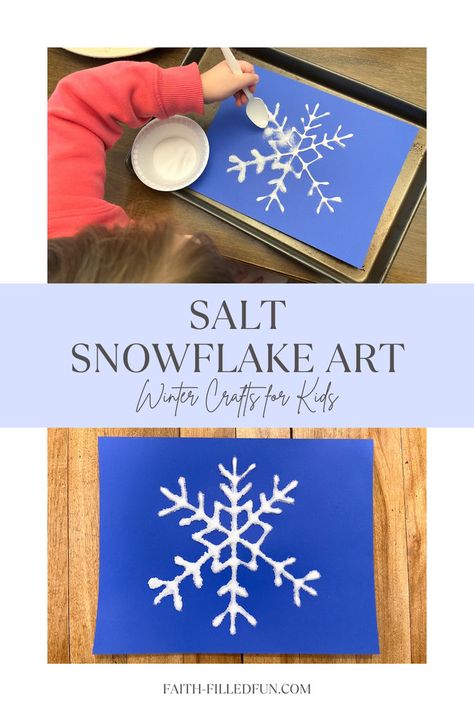 salt snowflake art winter crafts for kids Snowflakes Arts And Crafts For Kids, Snowflake Kindergarten Craft, Snowflake Art For Preschoolers, Salt Snowflake Craft, Snowflake Craft For Preschool, Snowflake Craft For Kindergarten, Winter Craft Ideas For 5th Graders, Snow Handprint Craft, Snow Flake Craft For Toddlers