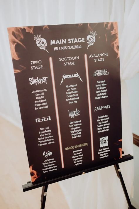 Table Plan Seating Chart Rock Roll Alternative Cheddon Fitzpaine Wedding Whoisbenjamin #wedding #tableplan Rock Music Wedding Theme, Rock N Roll Theme Wedding, Record Table Chart, Music Wedding Table Plan, Rock And Roll Wedding Decorations, Wedding Ideas Rock And Roll, Rock Wedding Decorations, Rock N Roll Wedding Seating Chart, Music Wedding Seating Chart