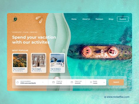 Travel Landing Page by AISHWARYA SINHA for Nickelfox on Dribbble Travel Landing Page, Travel Website Design, Gift Voucher Design, Website Design Inspiration Layout, Website Banner Design, Banner Design Layout, Voucher Design, Travel Poster Design, Webdesign Inspiration