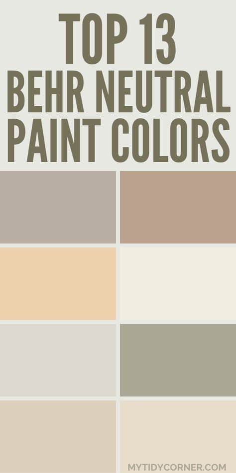 Collage of popular neutral paint colors by Behr. Behr Tuscan Paint Colors, Best Interior Neutral Paint Colors, Behr Plateau Paint Color, Behr Overcast Paint, Behr Vanilla Mocha, Behr Paint Beige Colors, Behr Neutral Nursery Colors, Behr Avocado Whip, Kitchen Behr Paint Colors