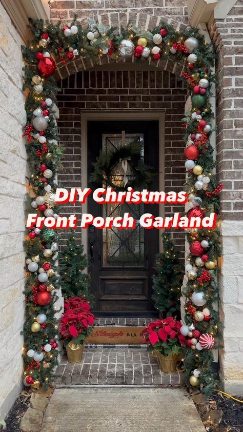 Transform your front porch into a winter wonderland with this enchanting DIY Christmas garland.🎄In just under three hours, you can create… | Instagram Pine Garland Christmas Front Porches, How To Hang Outdoor Garland Around Door, How To Hang A Garland Around A Door, Diy Outdoor Garland Christmas, Christmas Garland Outdoor Front Porches, Walkway Christmas Decor, Outdoor Garland Diy, Outside Garland Christmas Porch Ideas, Christmas Pole Decorating Ideas