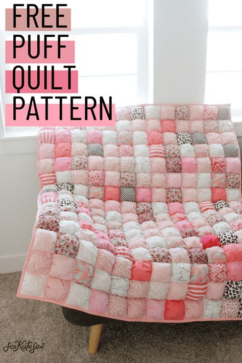 Puff Quilt Tutorial Charm Pack Friendly - see kate sew Puff Quilt Pattern, Puff Quilts, Puff Blanket, Free Baby Quilt Patterns, Puff Quilt Tutorial, Puffy Quilt, Bubble Quilt, Quilt Blocks Easy, Puff Quilt