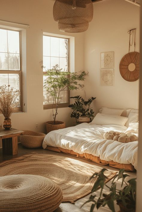 29 Japanese Boho Bedroom Ideas 29 Meditation Guest Room, Zen Space Bedroom, Peaceful Room Aesthetic, Minimalist Bedroom With Plants, Minimalistic Boho Bedroom, Clean Boho Bedroom, Bedroom Clean Aesthetic, Boho Bedroom Minimalist, Nordic Design Interior