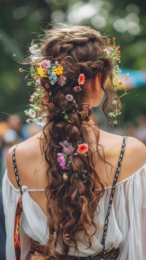 17 Trendsetting Boho Hairstyles to Rock This Season Short Bohemian Wedding Hair, Earthy Wedding Hairstyles, Boho Bride Hairstyles Braids, Wedding Hair Styles With Flowers, Hobbit Wedding Hair, Purple Hair Wedding Hairstyles, Boho Hairstyles Half Up Half Down, Bridal Hair Whimsical, Flower Hair Bride