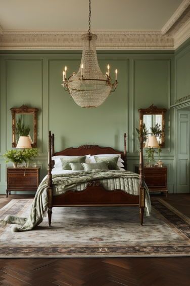 Transform your sleeping space with these sage green bedroom ideas that blend tranquility and style 🌿. Dive into a collection of serene wall colors, cozy linens, and natural decor. Perfect for anyone looking to create a calming oasis. Find your inspiration here! #SageGreenBedroomIdeas English Green Bedroom, Sage Green And Cherry Wood Bedroom, Green And Cherry Wood Bedroom, Sage Green Victorian Bedroom, Victorian Green Bedroom, Green Bedroom Wooden Furniture, Green Paint Bedroom Walls, French Green Bedroom, Bedrooms Painted Green