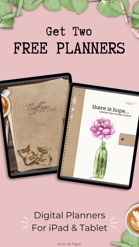 Two free vertical digital planners with flowers, leaves, and coffee Free Digital Journal Goodnotes, Planners For Ipad, Planner Monthly Layout, Ipad Pencil, Pinterest Affiliate, Planner Apps, Weekly Planner Free, Planner Tabs, Christian Planner