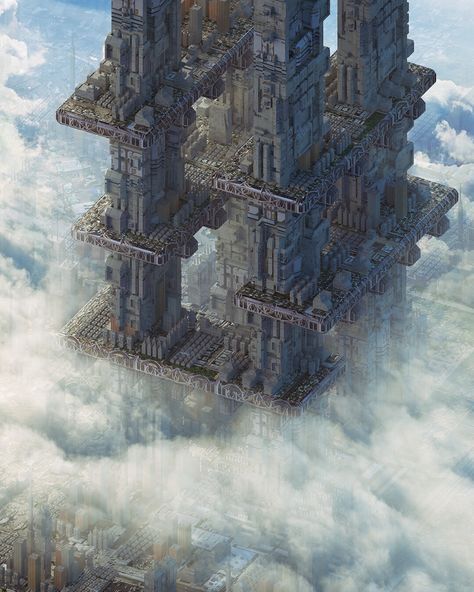 Vertical City by Inward . Science Fiction Art, Moving Cities, Steampunk City, Vertical City, Sci Fi Architecture, Science Fiction Artwork, Sci Fi City, Fantasy Concept, Futuristic Art