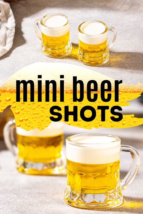 Top and side views of mini beer shots in tiny glass beer mug-shaped shot glasses on a countertop. Little Beer Shots, Mini Beer Shots Recipes, Flavored Shots, Themed Shots, Mini Beer Shots, Beer Shots, Green Cocktails, Easy Party Drinks, Vanilla Liqueur