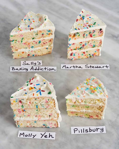 I Tried 4 Famous Funfetti Cake Recipes and the Winner Was Clear | Kitchn Best Homemade Funfetti Cake, Wasp Cake Recipe, Cake Without Frosting Ideas, Homemade Valentines Cake, Blue Funfetti Cake, Pastel Colored Desserts, Simple Homemade Birthday Cake, Funfetti Cake Decoration Ideas, Easy Funfetti Cake Recipe