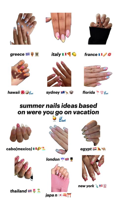 nail inspo for Italy,Greece,France,Hawaii,Sydney,Florida,Mexico,London,Egypt,Thailand,Japan,New York Nails In Italy, Nails For Egypt, Nails For France, Summer Hawaii Nails, Copenhagen Nails, Summer Europe Nails, European Summer Nails, Mexico Nail Ideas, Nails For Mexico