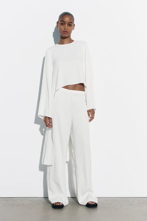 Summer Outfits Woman | ZARA United States Satin Blouse Long Sleeve, White Frilly Blouse, Asymmetric Blouse, Style Wide Leg Pants, Cropped Wide Leg Trousers, Frilly Blouse, Zara Jumpsuit, Asymmetrical Blouse, Flare Long Sleeve