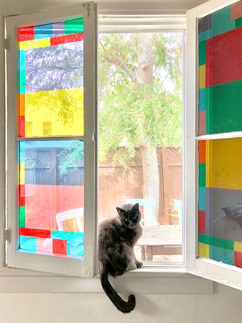 Faux Stained Glass Window Film, Painting Glass Windows Diy Ideas, Stained Glass Diy Window, Make Stained Glass Diy, How To Stained Glass Diy, Diy Stained Glass Paint, Paint Glass Windows, Diy Faux Stained Glass Window, Diy Window Film