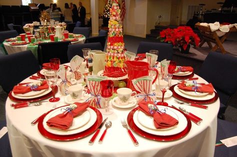 Ladies Tea Table Setting | we have our annual ladies banquet. Different women decorate tables ... Christmas Dinner Table Settings, Christmas Luncheon, 120 Round Tablecloth, Christmas Tea Party, Round Tablecloths, Holiday Tablecloths, Christmas Dining Table, Christmas Dinner Table, Christmas Tablecloth