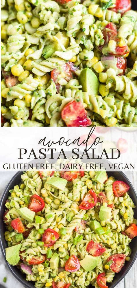 This avocado pasta salad is an easy and healthy side dish for lunch, dinner, cookouts, or parties. It's super creamy even though it's dairy free and vegan and filled with veggies. I used gluten free noodles to make it even more anti-inflammatory. Salad Recipes Dairy Free Gluten Free, Dairy Free Antipasto Salad, Pasta Dinner Healthy, Gluten And Dairy Free Lunch Recipes, Vegetarian Gluten Free Dairy Free Recipes, Lactose Free Lunch Ideas, Healthy Meals No Dairy, Easy Healthy Lunches Gluten Free, Dairy And Meat Free Salads