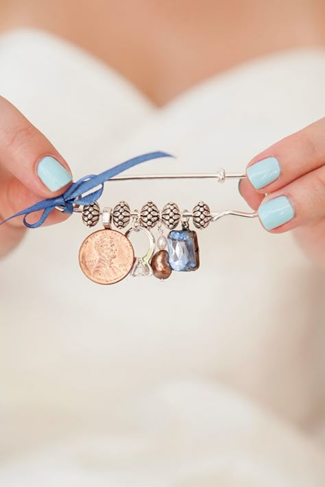 DIY Wedding // Something old new borrowed blue pin! We have some fun trinket ideas for you! Old New Borrowed Blue, Something Blue Wedding, Something Borrowed, Blue Pin, Maggie Sottero, Dress Pin, Mod Wedding, Something Old, Here Comes The Bride