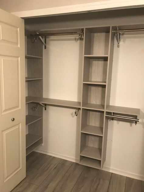 Deep Side Closet Organization, Diy Closet For Small Spaces, Small Narrow Walk In Closet Ideas Layout, One Door Closet Ideas, Split Closet Ideas, Closet With Shelves On Side, Narrow Hallway Closet Ideas, Small Built In Closet Ideas, Regular Closet Organization Ideas