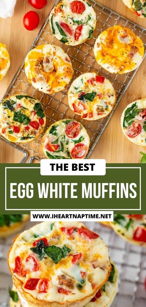 Easy egg white muffins recipe that make the perfect healthy on-the-go breakfast. They’re high in protein, low in fat, and freezer friendly! Low Carb Egg White Breakfast, Egg White Lunch Ideas, Egg White Cups Breakfast Healthy, Egg White Mini Muffins, Healthy Egg White Bites Muffin Tins, Egg White Mini Quiche, Carrot And Egg Recipe, Healthy Breakfast Muffins Egg, Egg White Muffins Healthy