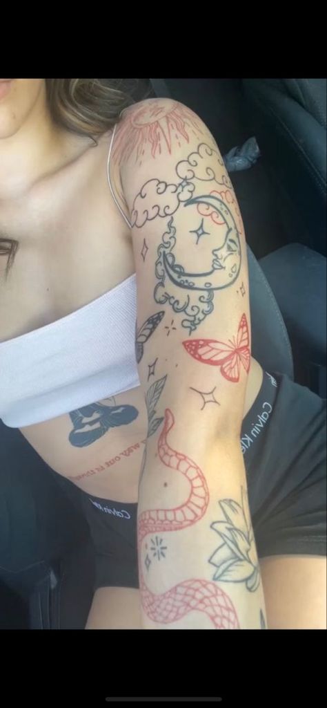 Beginner Sleeve Tattoo Women, Women Full Arm Tattoo, Arm Red Tattoo, Women Tattoo Ideas Arm, Cloud Tattoo Sleeve Women, Scatter Arm Tattoos, Half Arm Sleeve Tattoo For Women Unique, Arm Tats Women, Multiple Arm Tattoos