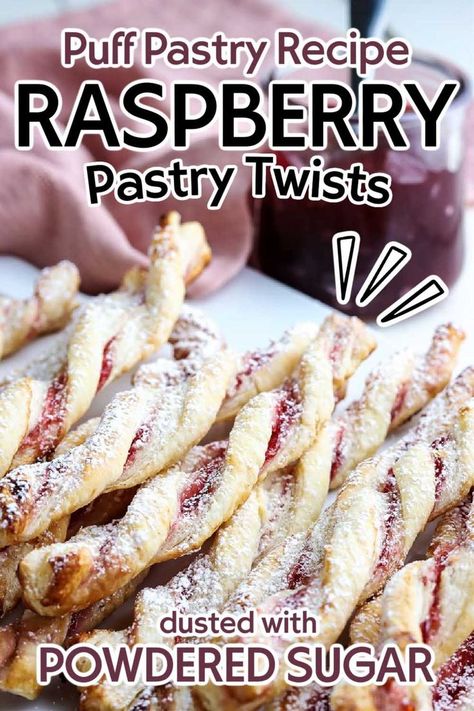 closeup view of raspberry twists made with puff pastry with text overlay. Raspberry Pastry Recipes, Raspberry Puff Pastry, Raspberry Pastry, Heavenly Dessert Recipe, Puff Pastry Cookies, Pastry Twists, Puff Pastry Snacks, Sweet Puff Pastry, Butter Biscuits Recipe