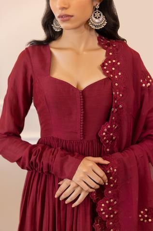 Shop for Paulmi and Harsh Maroon Cotton Silk Gathered Sleeve Anarkali Set for Women Online at Aza Fashions Sequin Kurti, Cotton Anarkali Dress, Paulmi And Harsh, Handwork Design, Wine Pants, Eastern Wear, Silk Anarkali, Anarkali Dress Pattern, Simple Kurta Designs