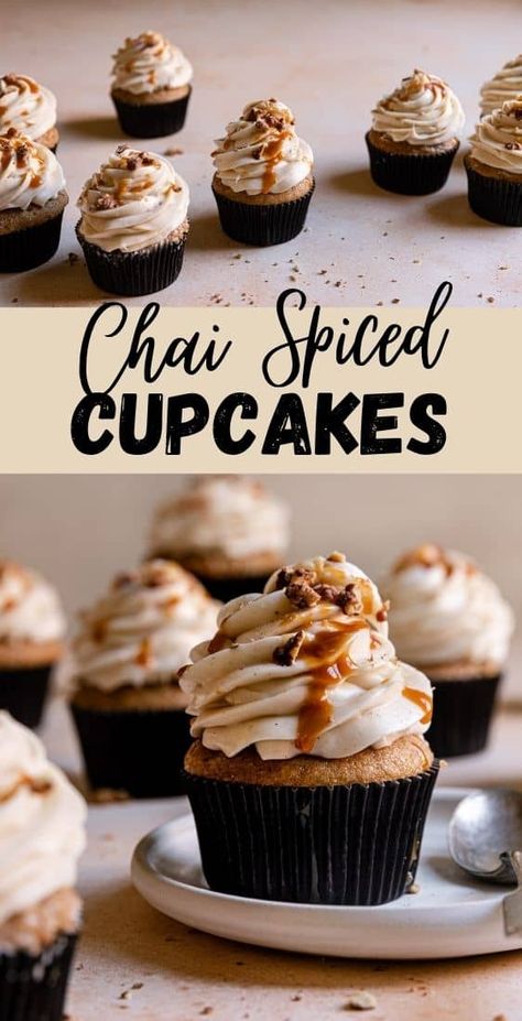 These Chai Cupcakes are little comforting cakes bursting with warm spices and frosted with creamy, tangy, and sweet cream cheese frosting. |#chaicupckaes #chai #chaispices #chaidessertrecipe #cupcakesrecipe #fallbaking #chairecipe #creamcheesefrosting #dessert #bakingrecipe| Chai Tea Cupcakes Recipe, Fall Flavored Cupcakes, Chai Cupcake Recipe, Chai Latte Cupcakes, Chai Cupcakes, Baking Fall, Tea Cup Cake, Dessert Board, Delicious Cupcakes