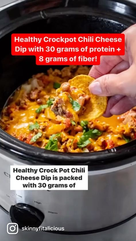 Healthy Crockpot Chili, Crockpot Chili Cheese Dip, High Protein Chili, Low Calorie Chili, Chili Cheese Dip Crockpot, Protein Chili, Healthy Chili Crockpot, Low Calorie Appetizers, Gluten Free Appetizer